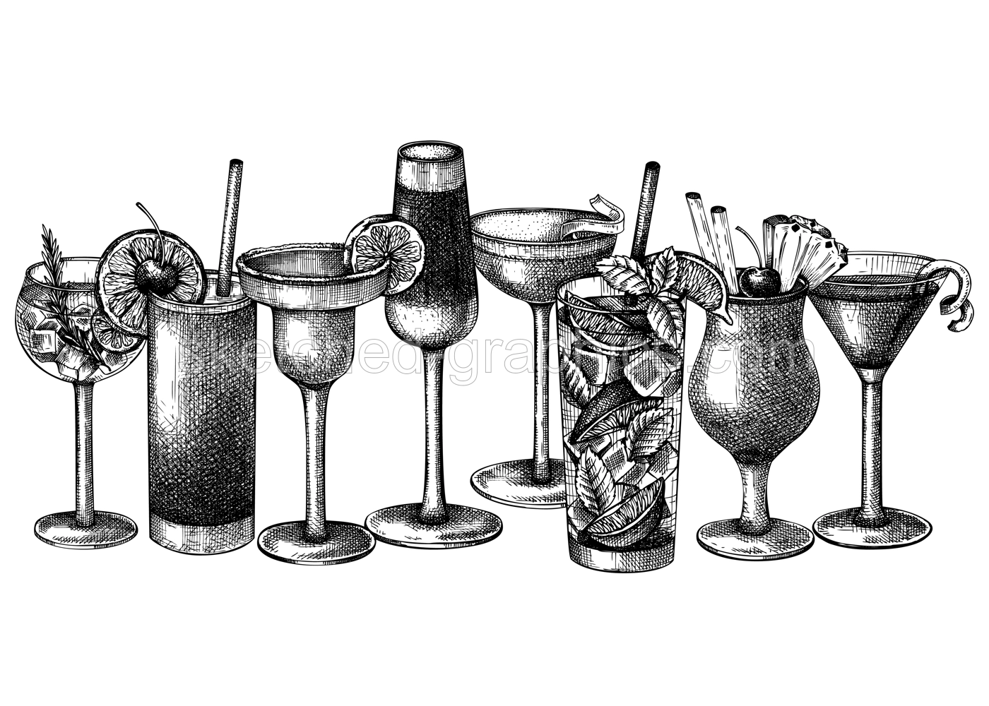 Hand-sketched cocktail illustration Vector sketches of alcoholic drinks in elegant glasses. Popular alcohol cocktails vintage hand-drawing. Perfect banner design for bar or restaurant menu Illustration